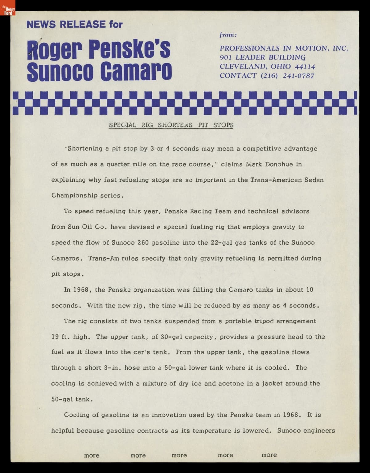 Press Release, "Special Rig Shortens Pit Stops," 1969