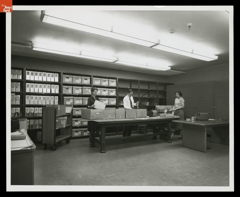 Archivist Win Sears and Co-workers in Ford Archives at Fair Lane Estate, Dearborn, Michigan, November 1956