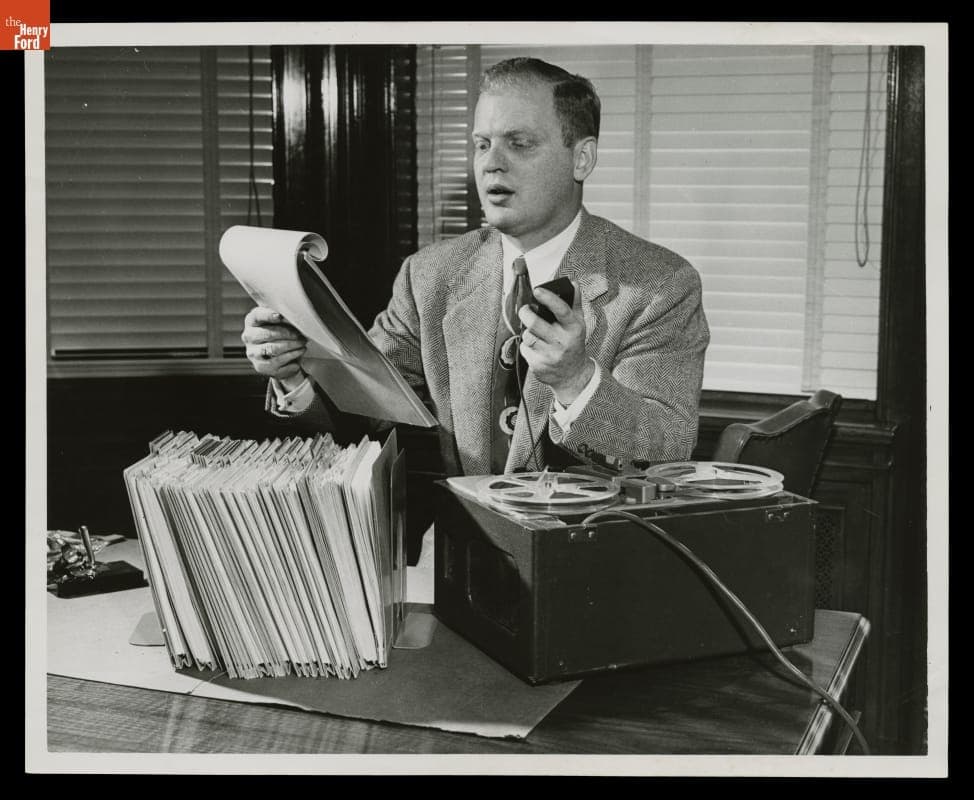 Owen Bombard Working on Oral History Project in Ford Archives at Fair Lane Estate, Dearborn, Michigan, 1953