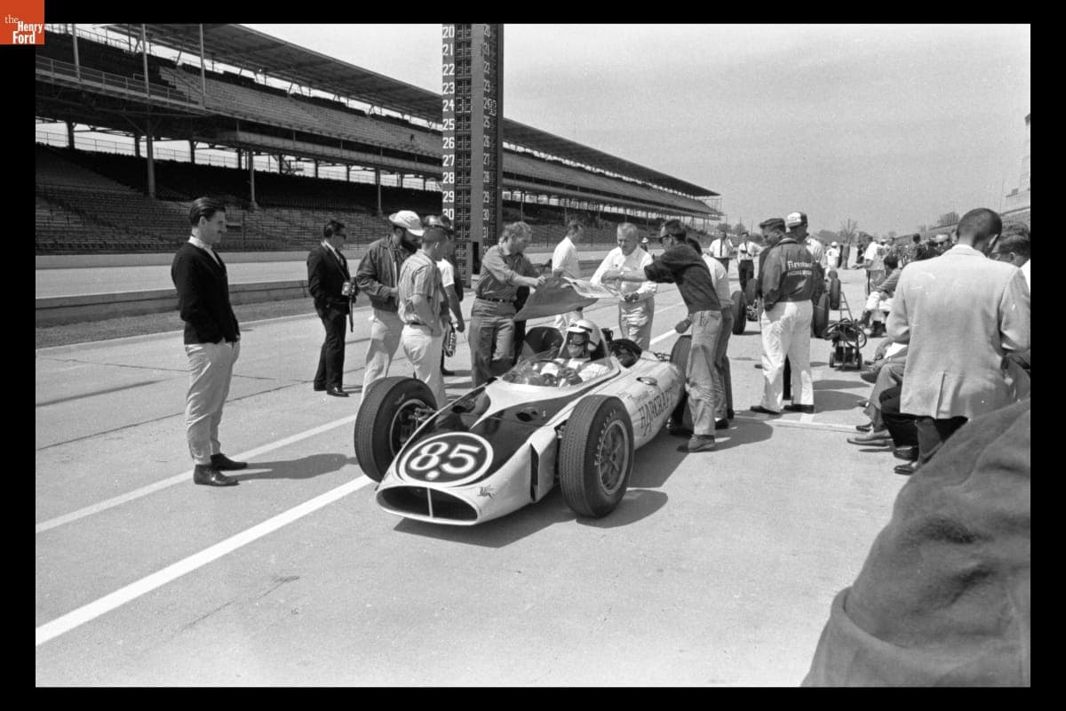 Bill Cheesbourg in "Mickey Thompson Harcraft Special" Race Car at Indianapolis 500, May 1963