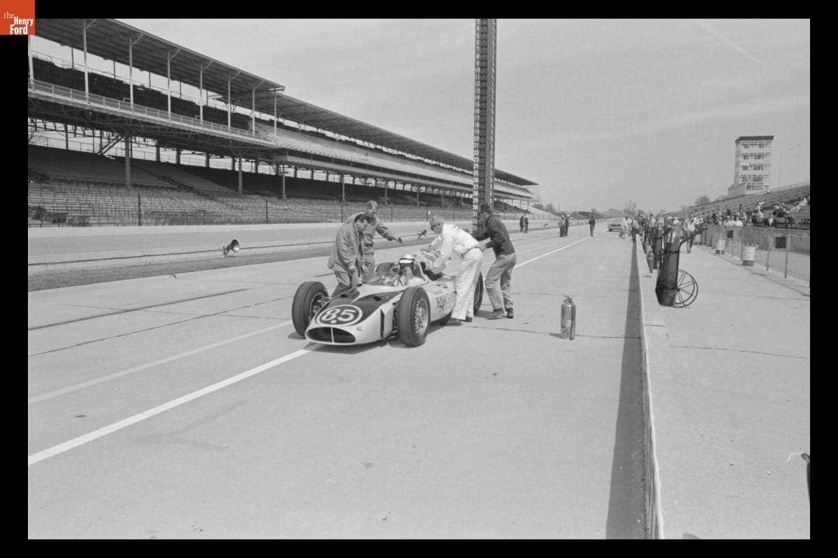 Bill Cheesbourg in "Mickey Thompson Harcraft Special" Race Car at Indianapolis 500, May 1963
