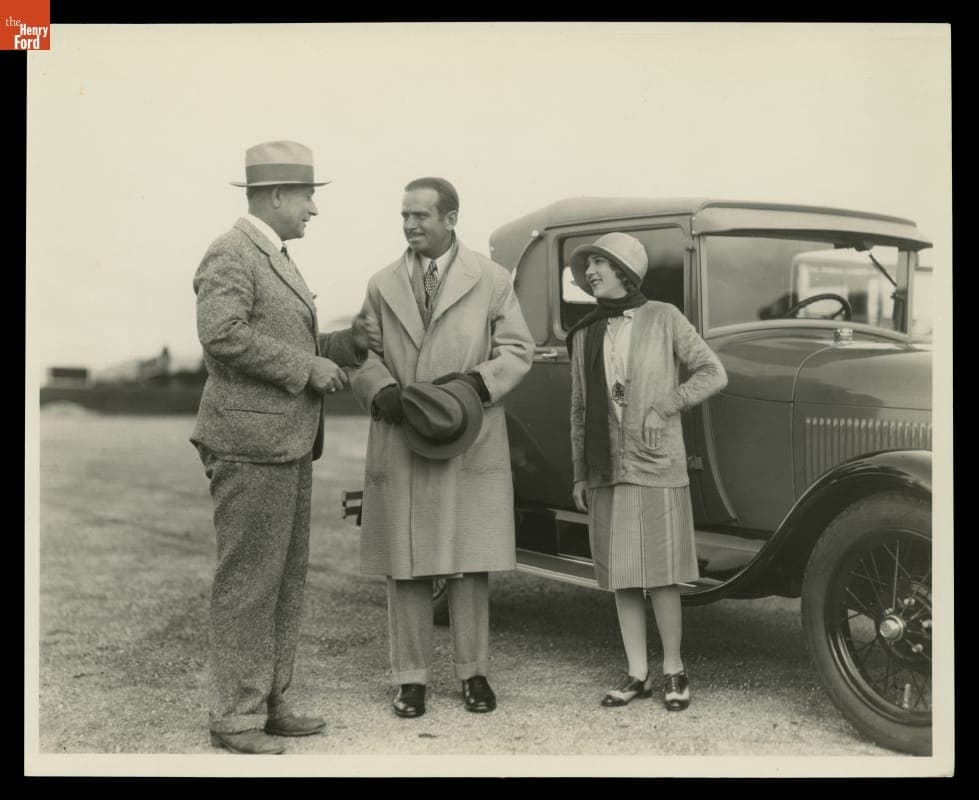 Douglas Fairbanks and Mary Pickford with a Ford Model A Sport Coupe, January 1928