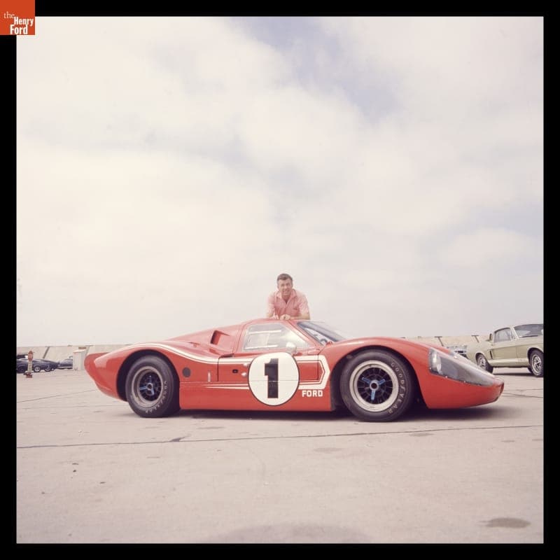 Carroll Shelby with Ford Mark IV Race Car at Shelby-American Production Facility, Los Angeles, California, June 1967