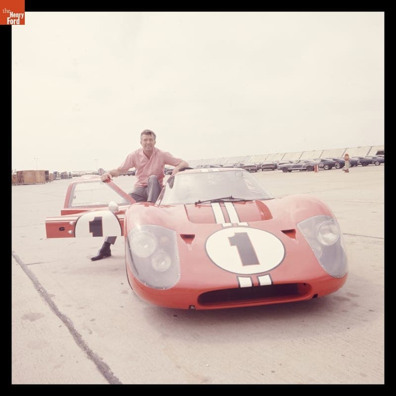 Carroll Shelby with Ford Mark IV Race Car at Shelby-American Production Facility, Los Angeles, California, June 1967