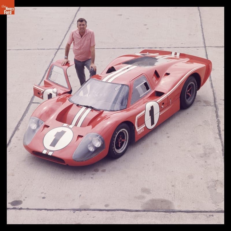 Carroll Shelby with Ford Mark IV Race Car at Shelby-American Production Facility, Los Angeles, California, June 1967