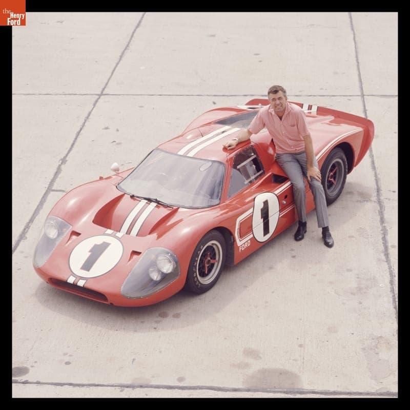Carroll Shelby with Ford Mark IV Race Car at Shelby-American Production Facility, Los Angeles, California, June 1967
