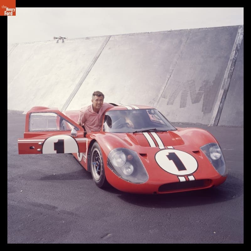 Carroll Shelby with Ford Mark IV Race Car at Shelby-American Production Facility, Los Angeles, California, June 1967