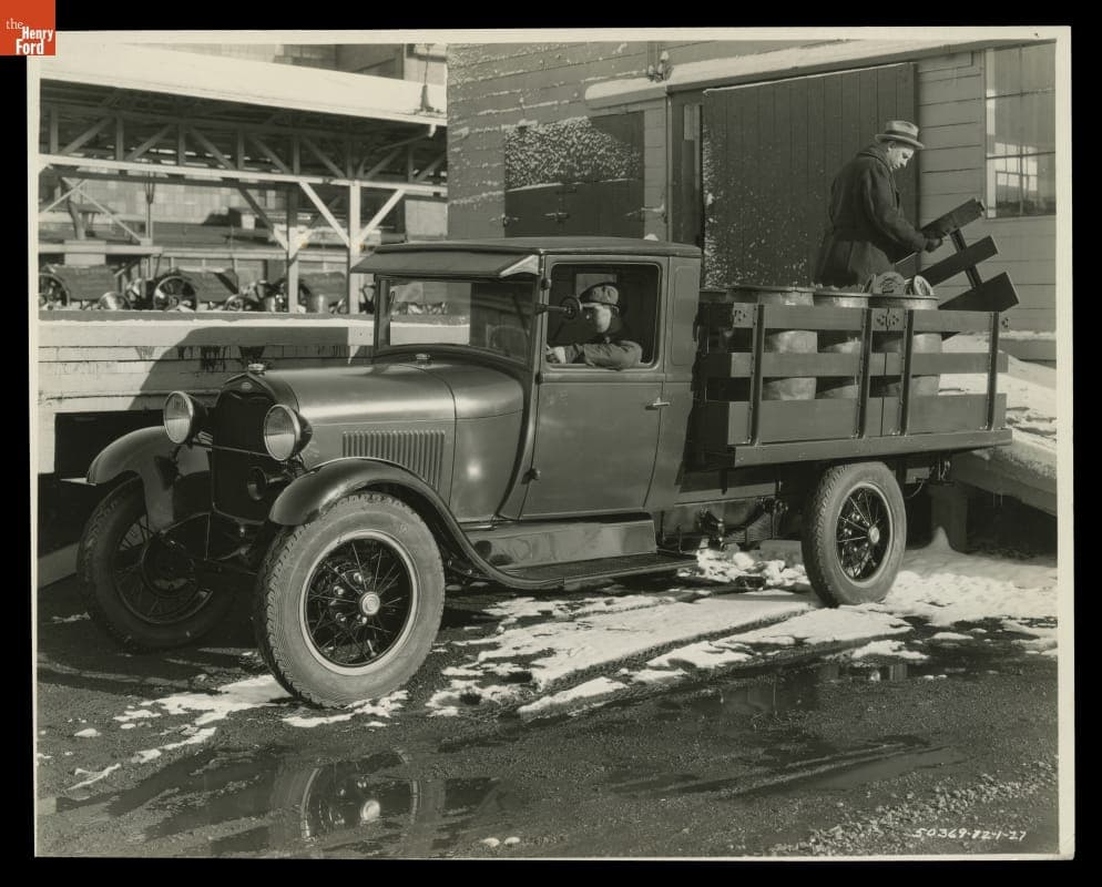1928 Ford Model AA Stake Truck Parked at Loading Dock, December 1927
