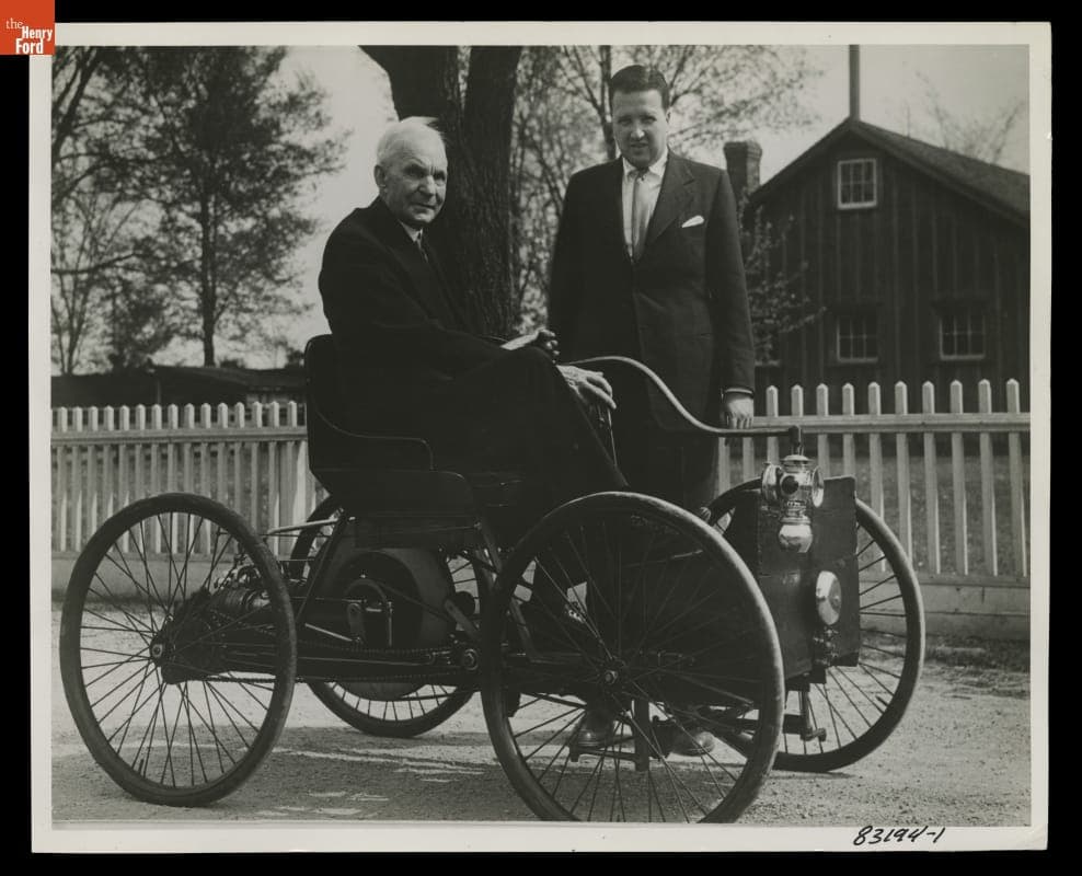 Henry Ford and Henry Ford II with the 1896 Ford Quadricycle in Greenfield Village, May 1946
