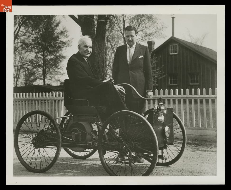 Henry Ford and Henry Ford II with the 1896 Ford Quadricycle in Greenfield Village, May 1946