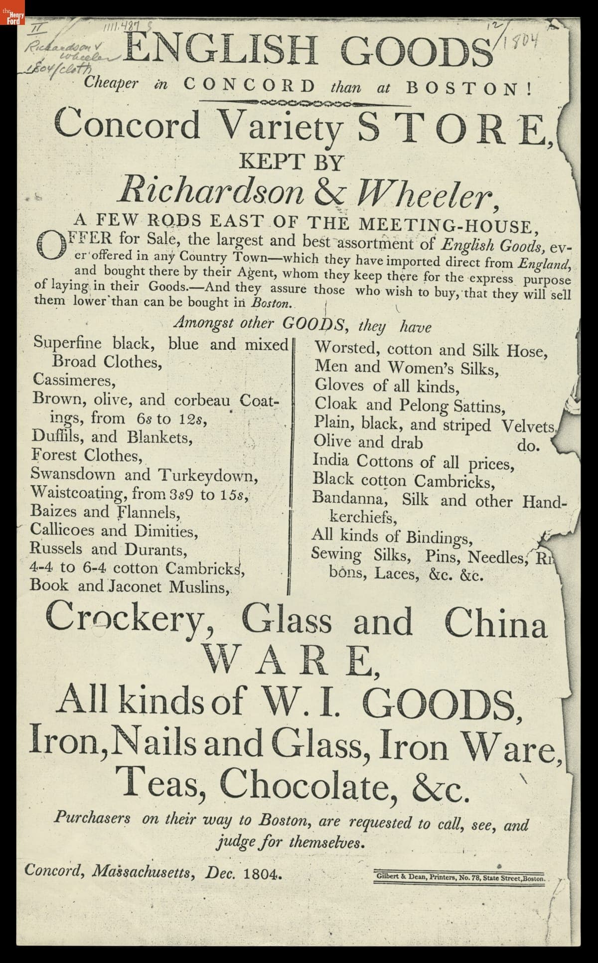 Advertisement, Richardson & Wheeler Variety Store, Concord, Massachusetts, December 1804