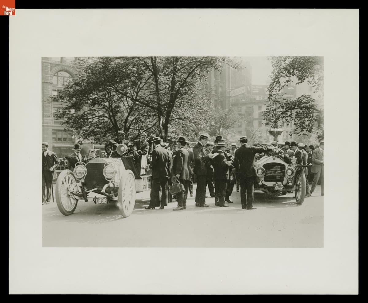 Shawmut and Acme Race Cars Awaiting Start of New York-to-Seattle Race, June 1, 1909