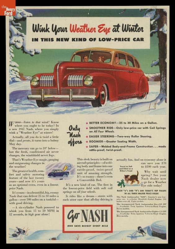 1941 Nash Advertisement, "Wink Your Weather Eye at Winter in This New Kind of Low-Price Car"