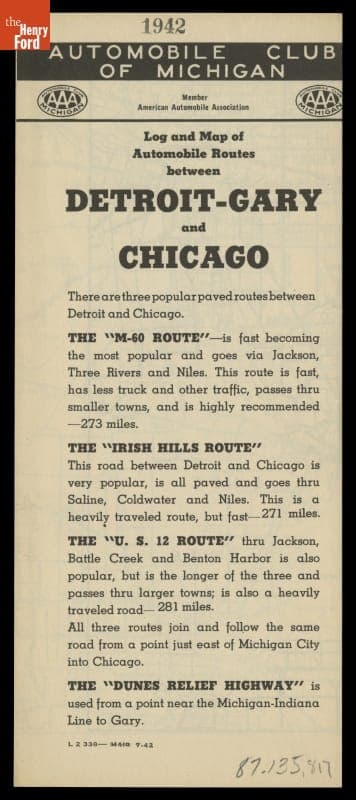 Log and Map of Automobile Routes between Detroit-Gary and Chicago, 1942