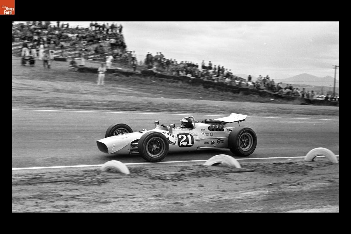 Jim Clark Driving Vollstedt/Ford Race Car at Rex Mays Riverside 300, November 1967
