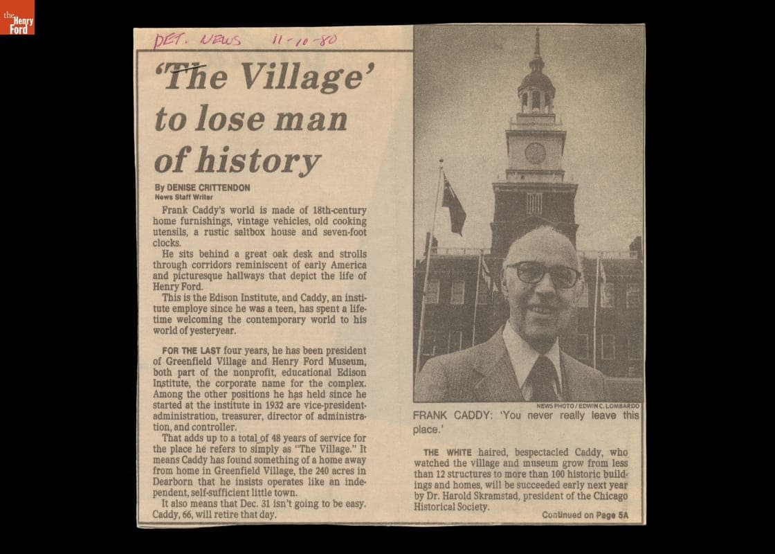 Detroit News Article, "'The Village' to Lose Man of History," November 10, 1980