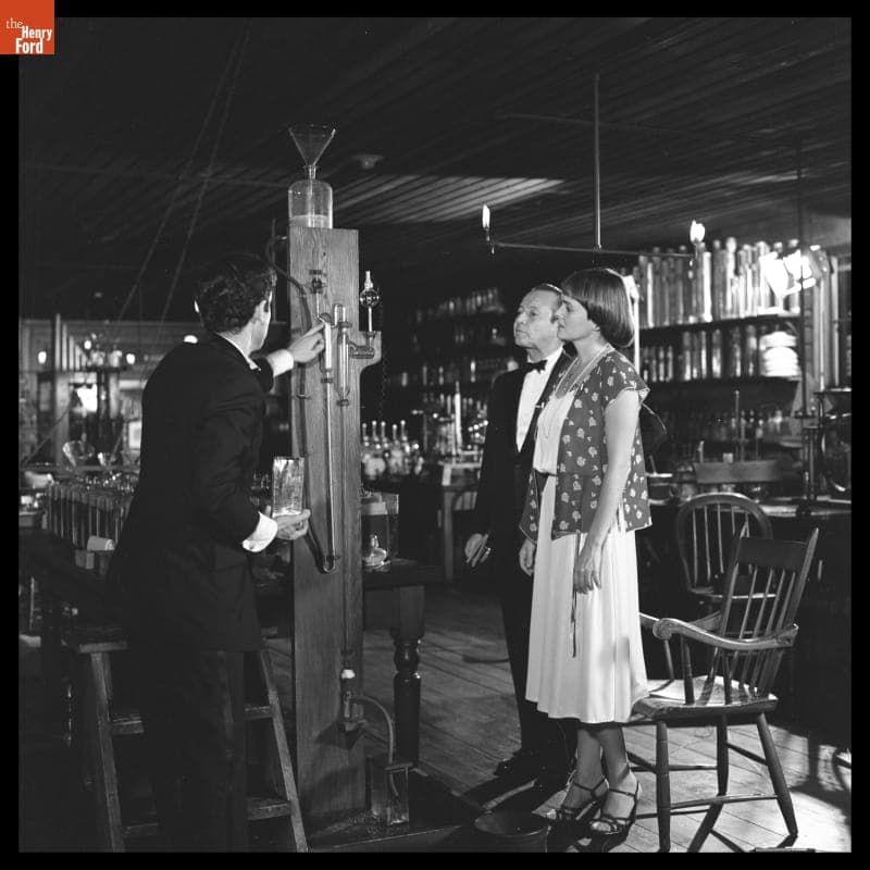 Robert Koolakian, William Clay Ford, and Madeleine Edison Sloane in Menlo Park Laboratory on 50th Anniversary of Edison Institute, October 21, 1979