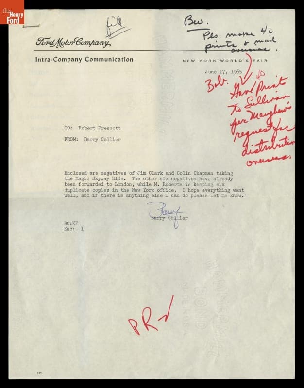 Ford Motor Company Memo regarding Photos of Jim Clark and Colin Chapman at the Magic Skyway Ride, New York World's Fair, 1965