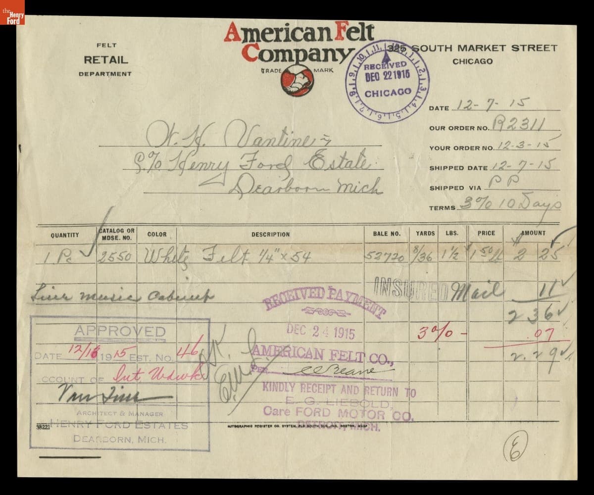 Receipt for Felt Purchased by Henry Ford Estate, December 1915
