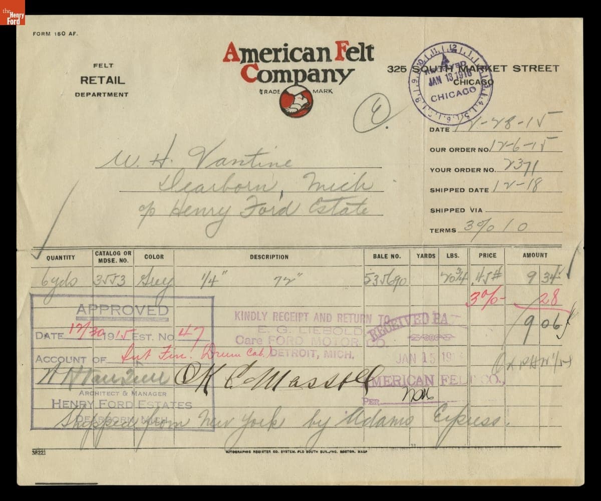 Receipt for Felt Purchased by Henry Ford Estate, January 1918