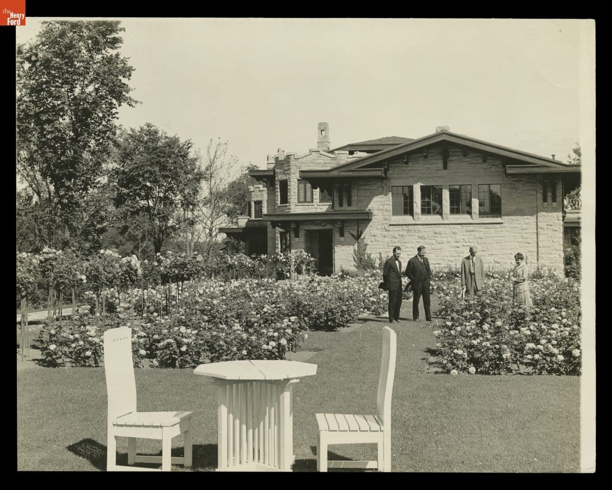 Henry and Clara Ford with Guests in Rose Garden at Fair Lane Estate, Dearborn, Michigan, 1917