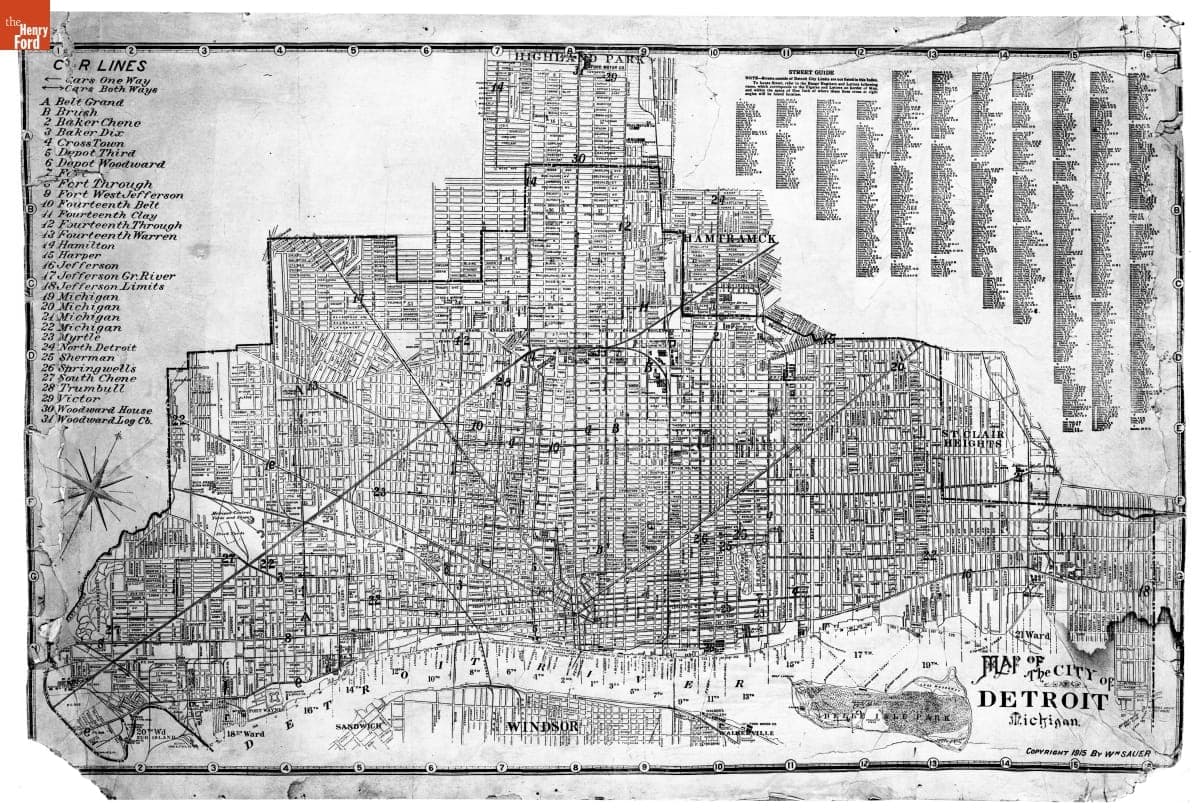Street Map of Detroit, Michigan, Copyright by William Sauer, 1915