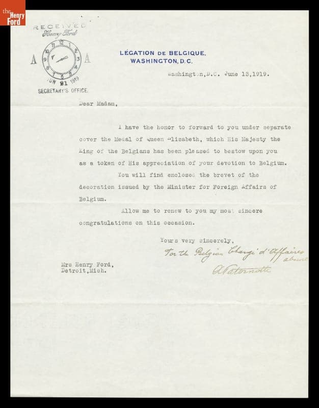 Letter to Clara Ford from the Belgian Legation Announcing She Was Awarded the Queen Elisabeth Medal, June 1919
