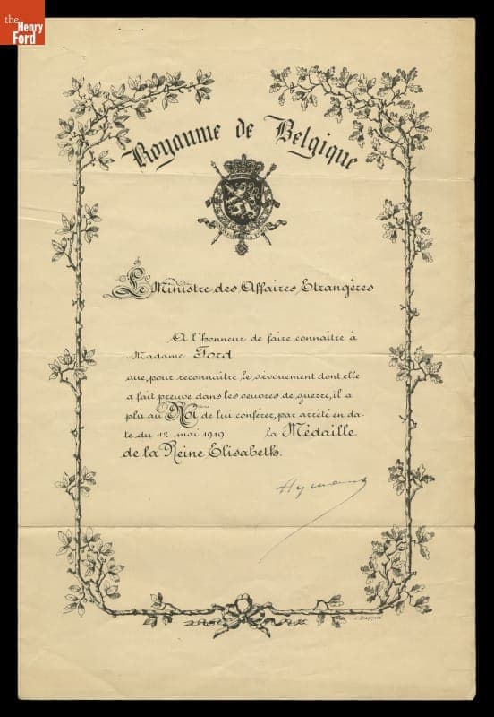 Certificate Awarding Clara Ford the Queen Elisabeth Medal by the King of Belgium, May 12, 1919