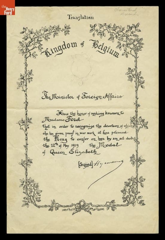 Certificate Awarding Clara Ford the Queen Elisabeth Medal by the King of Belgium, May 12, 1919 (Translation)