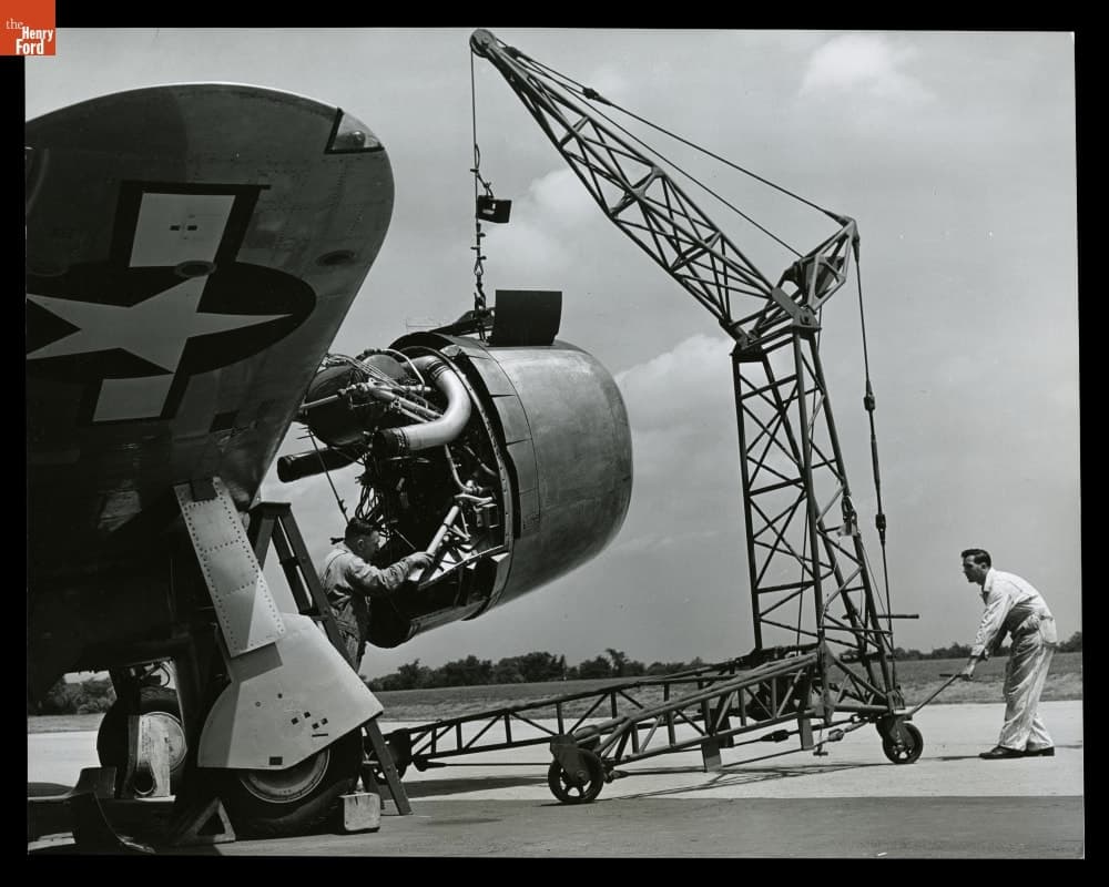 Maintenance Crew Switching Out Engine On P-47 Thunderbolt