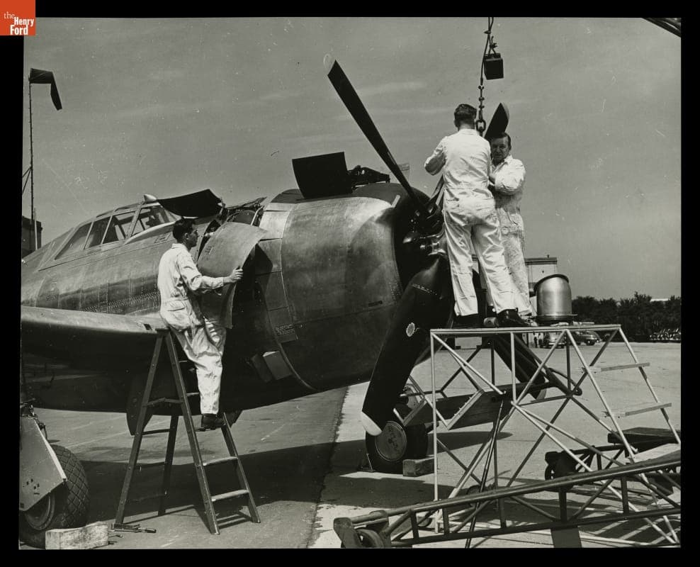 Maintenance Crew Switching Out Engine On P-47 Thunderbolt