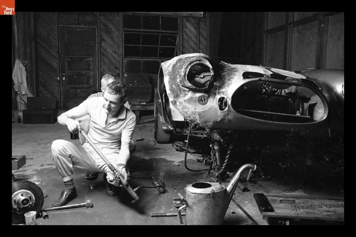 Ken Miles and Mechanics Working on Shelby Cobra 427 Damaged during Practice Before 12 Hours of Sebring Race, March 1964