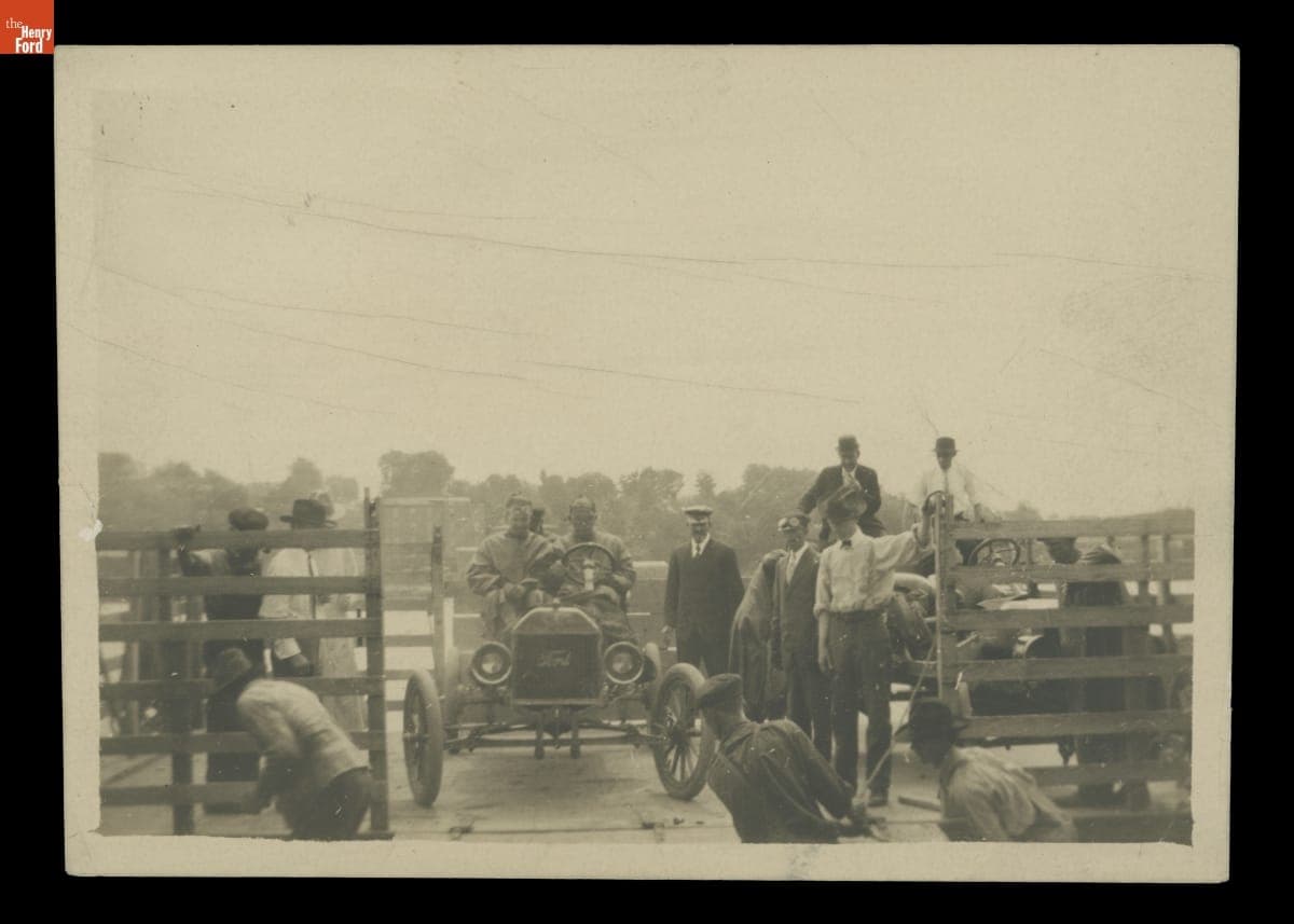 Ford Model T Race Car Crossing the Missouri River during the New York-Seattle Transcontinental Race, 1909
