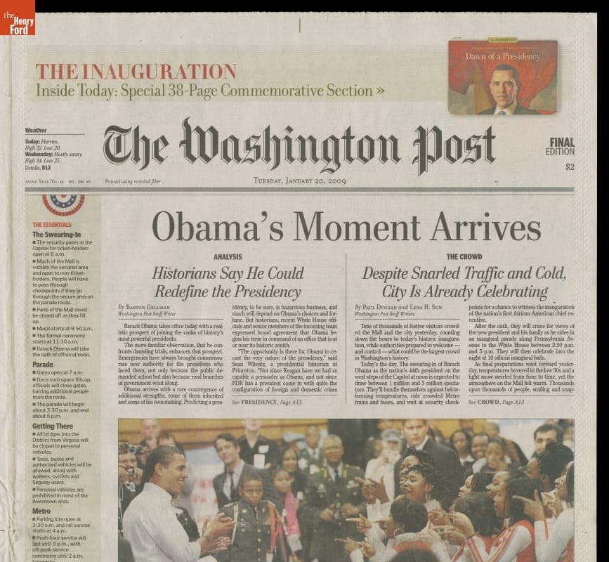 The Washington Post Newspaper for Tuesday, January 20, 2009 "Obama's Moment Arrives"