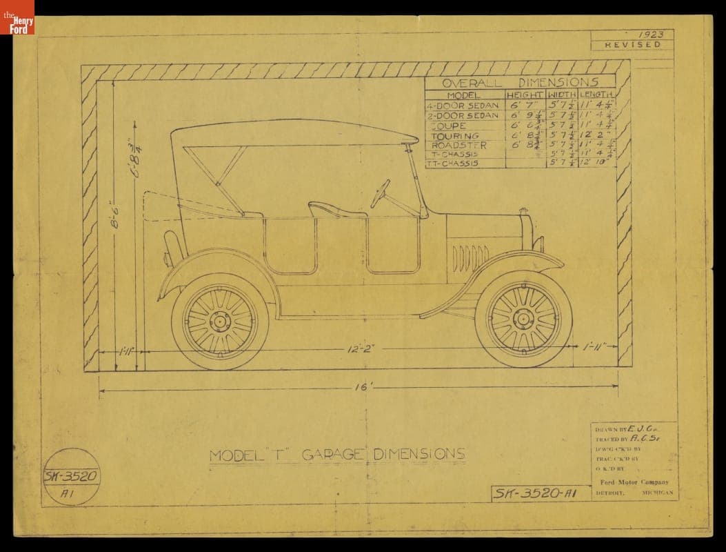 Drawing, "Model T Garage Dimensions," 1923