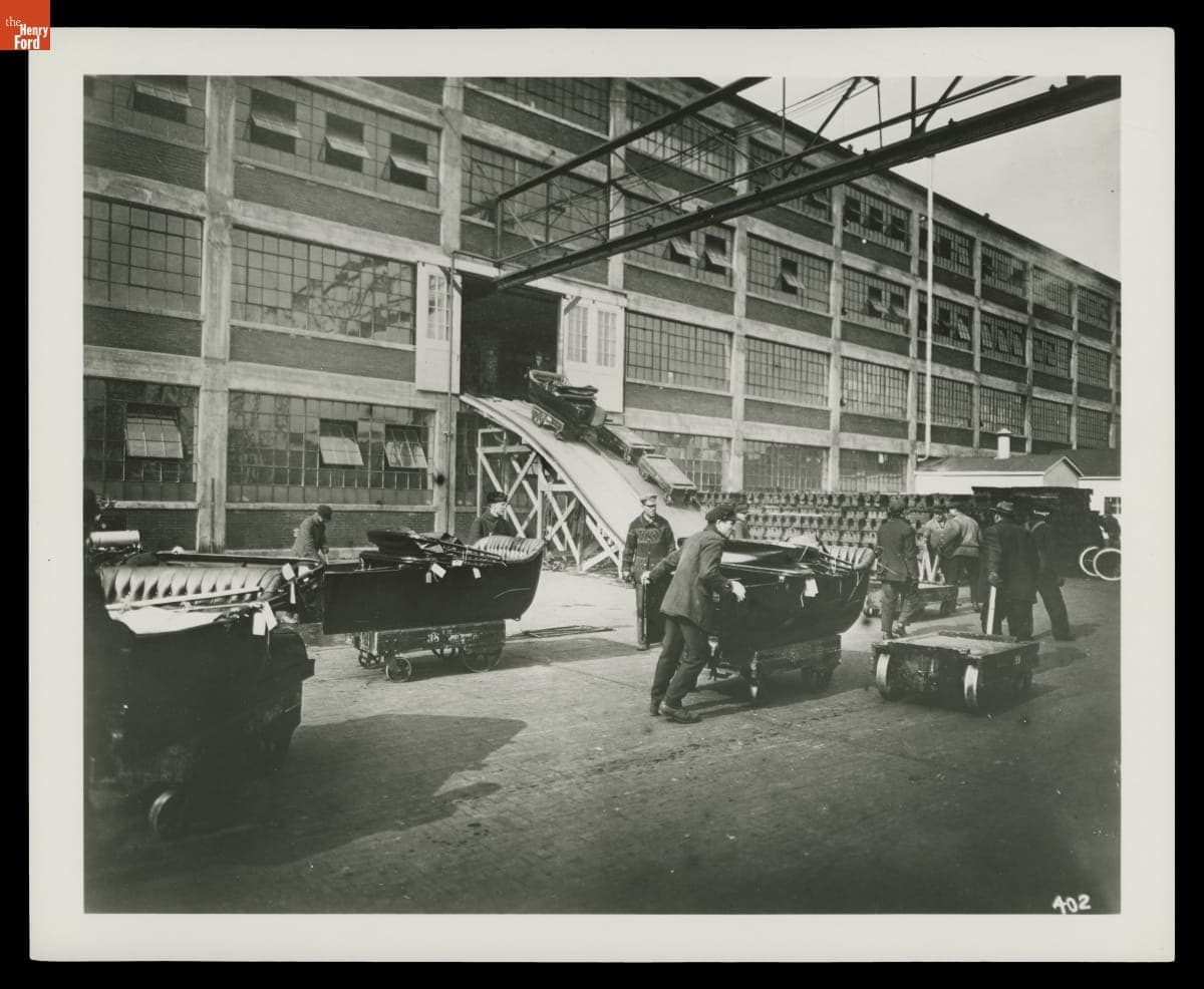Workers Moving Automobile Bodies at Ford Motor Company Highland Park Plant, 1914