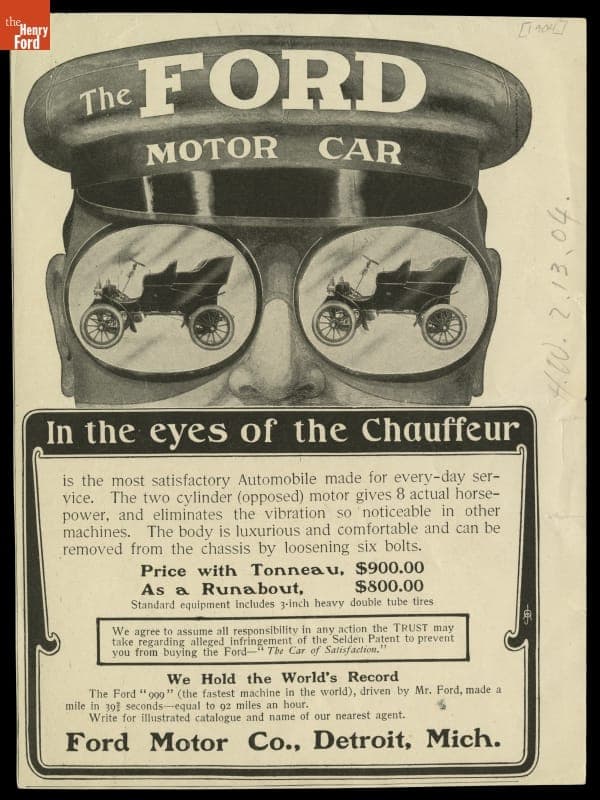 Ford Motor Company Advertisement, "The Ford Motor Car in the Eyes of the Chauffeur," 1904