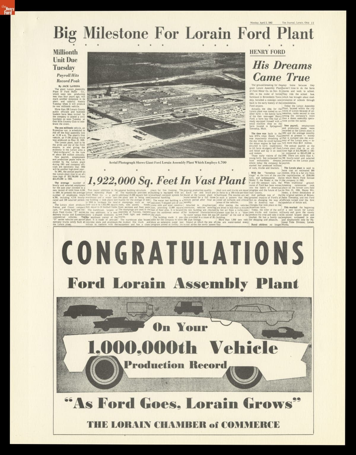 Article, "Big Milestone for Lorain Ford Plant," April 2, 1962