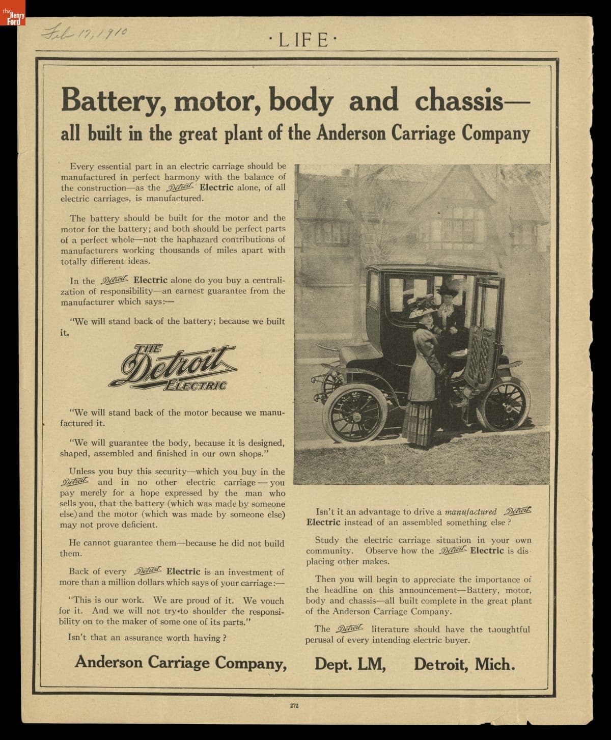 Advertisement for Anderson Carriage Company, Detroit Electric Automobiles, February 17, 1910