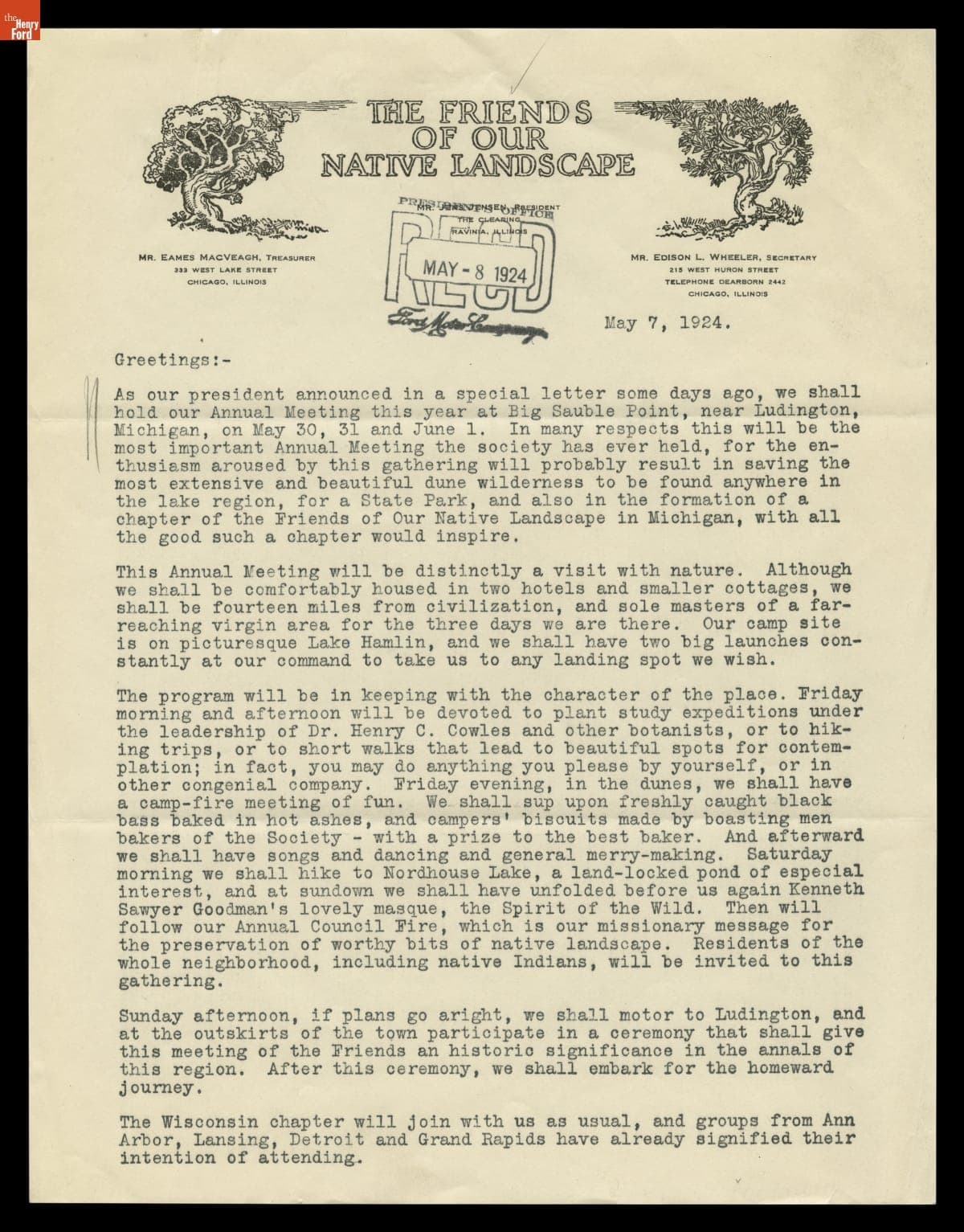 Letter from the Friends of Our Native Landscape to Edsel B. Ford, May 7, 1924