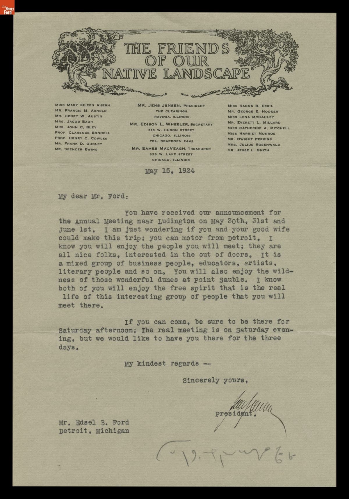 Letter from the Friends of Our Native Landscape to Edsel B. Ford, May 15, 1924