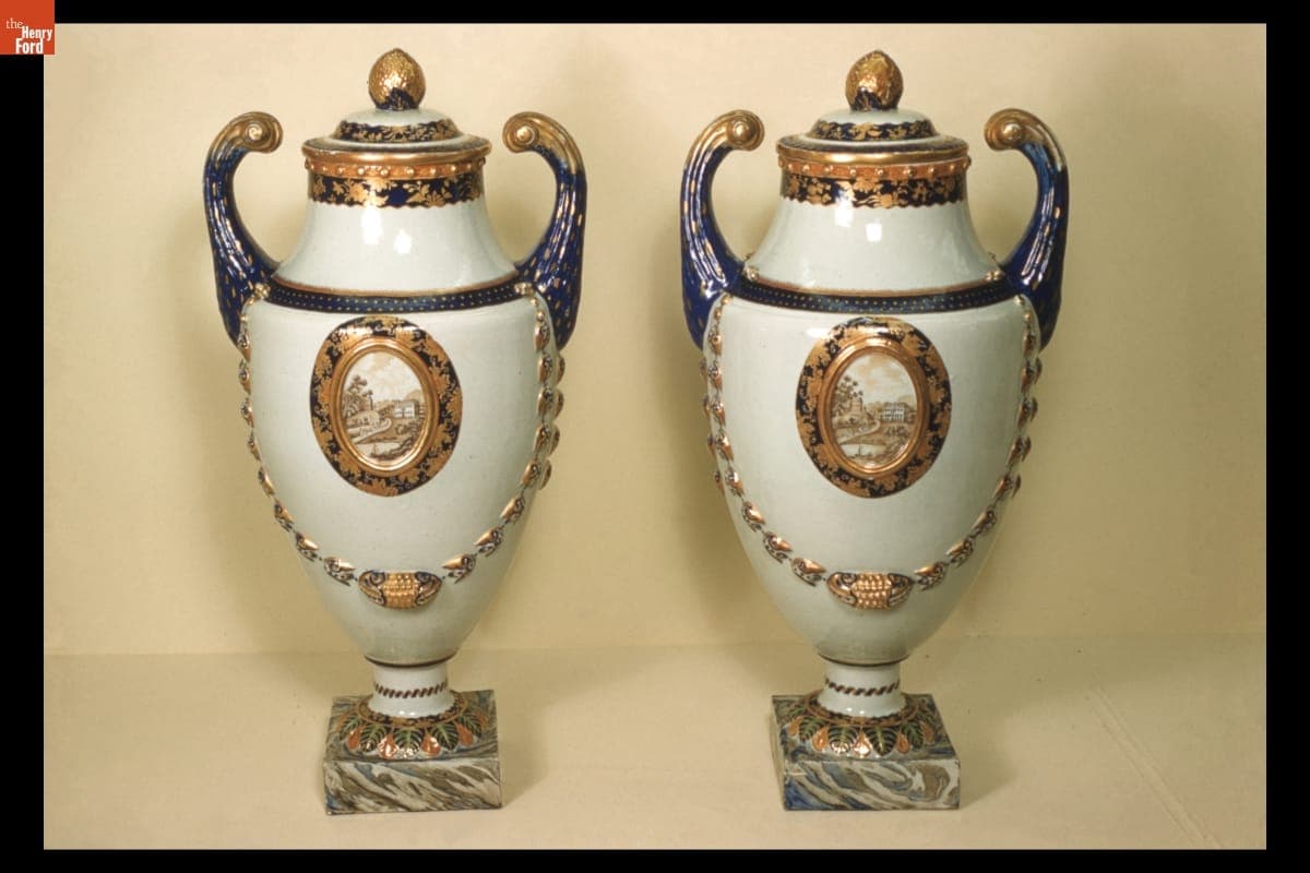 Pair of China Trade Porcelain Urns, 1780-1785; photographed 1959