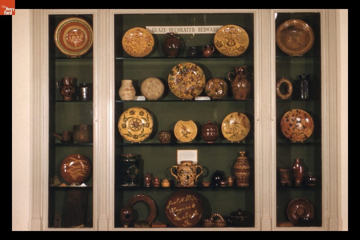 Glaze-Decorated Redware Case in Decorative Arts Gallery in Henry Ford Museum, circa 1960
