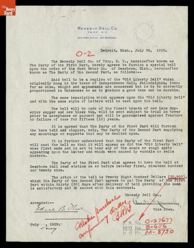 Contract for Purchase of "Old Liberty Bell" Replica for Henry Ford Museum Clocktower, July-August 1929