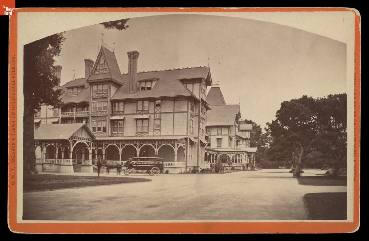 Omnibus in front of Hotel Del Monte, Monterey, California, circa 1890