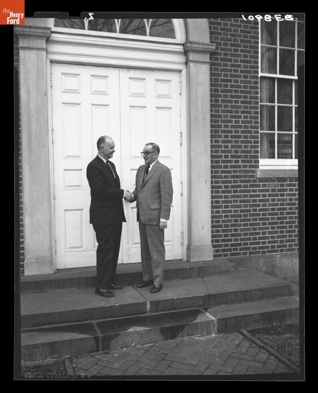 Donald A. Shelley, Executive Director, and Henry Edmunds, Archives Director, outside Henry Ford Museum, December 31, 1964