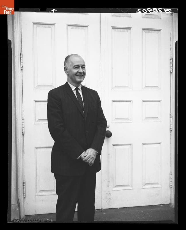 Donald A. Shelley, Executive Director, outside Henry Ford Museum, December 31, 1964
