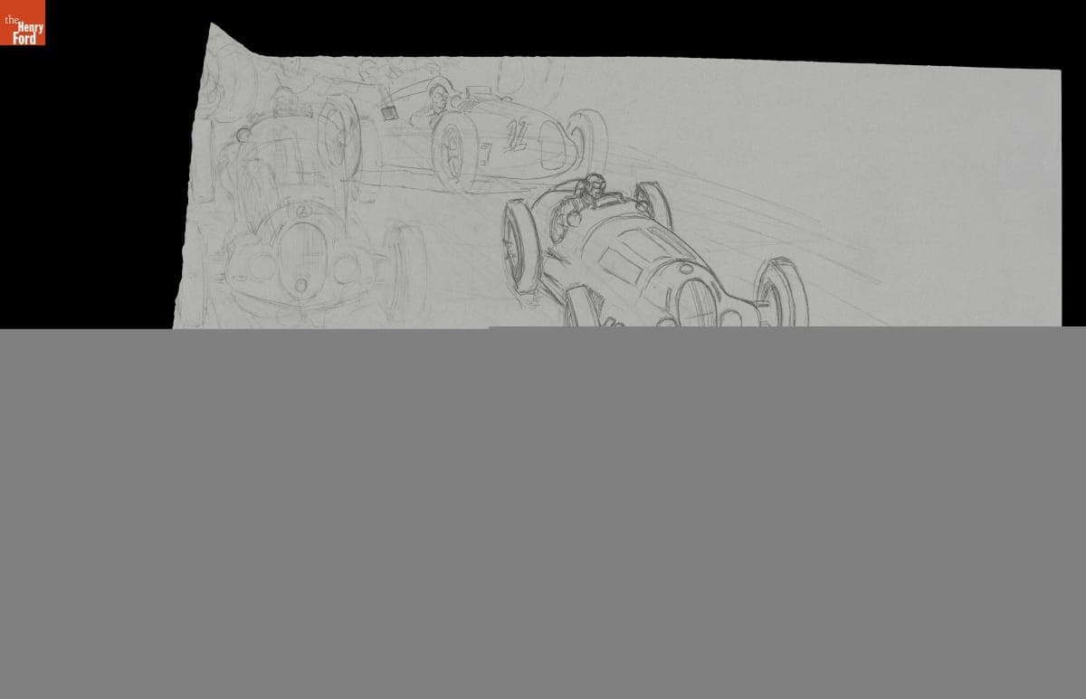 Pencil Sketch of an Automobile Racing Scene by William L. Mitchell, circa 1930