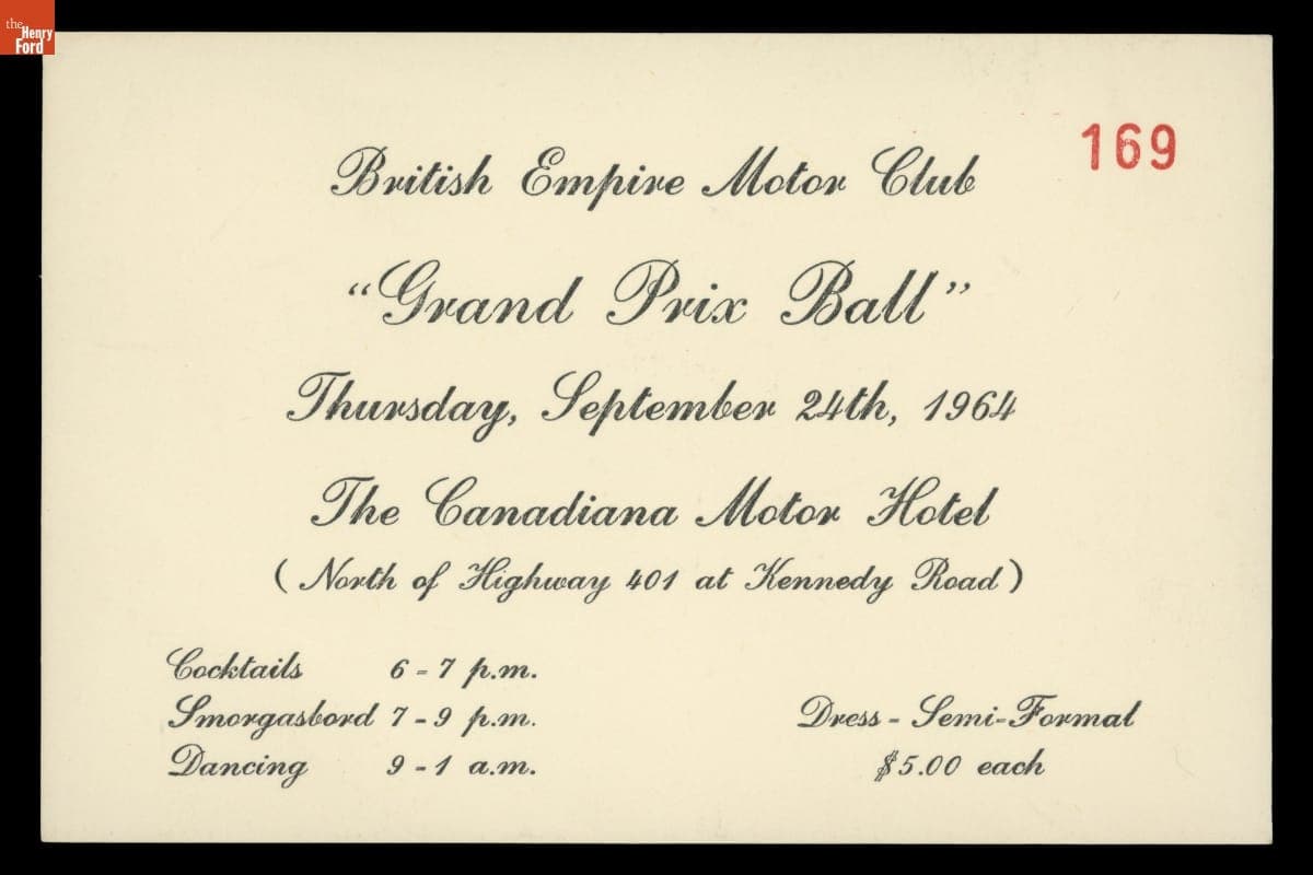 Ticket to "Grand Prix Ball" at the Canadiana Motor Hotel, September 24, 1964