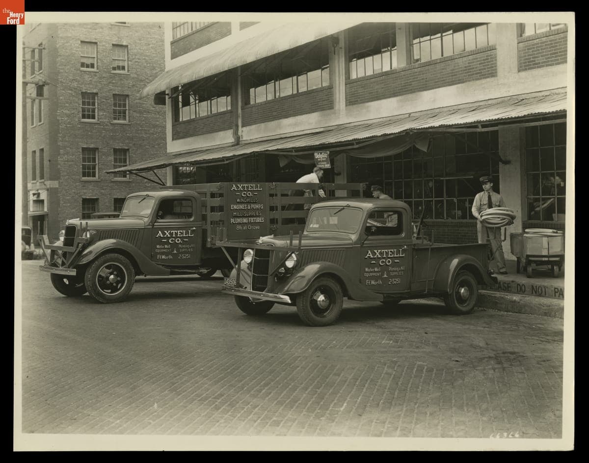 Ford V-8 Stake Truck and Pickup Truck Used by Axtell Co., Fort Worth, Texas, June 1936